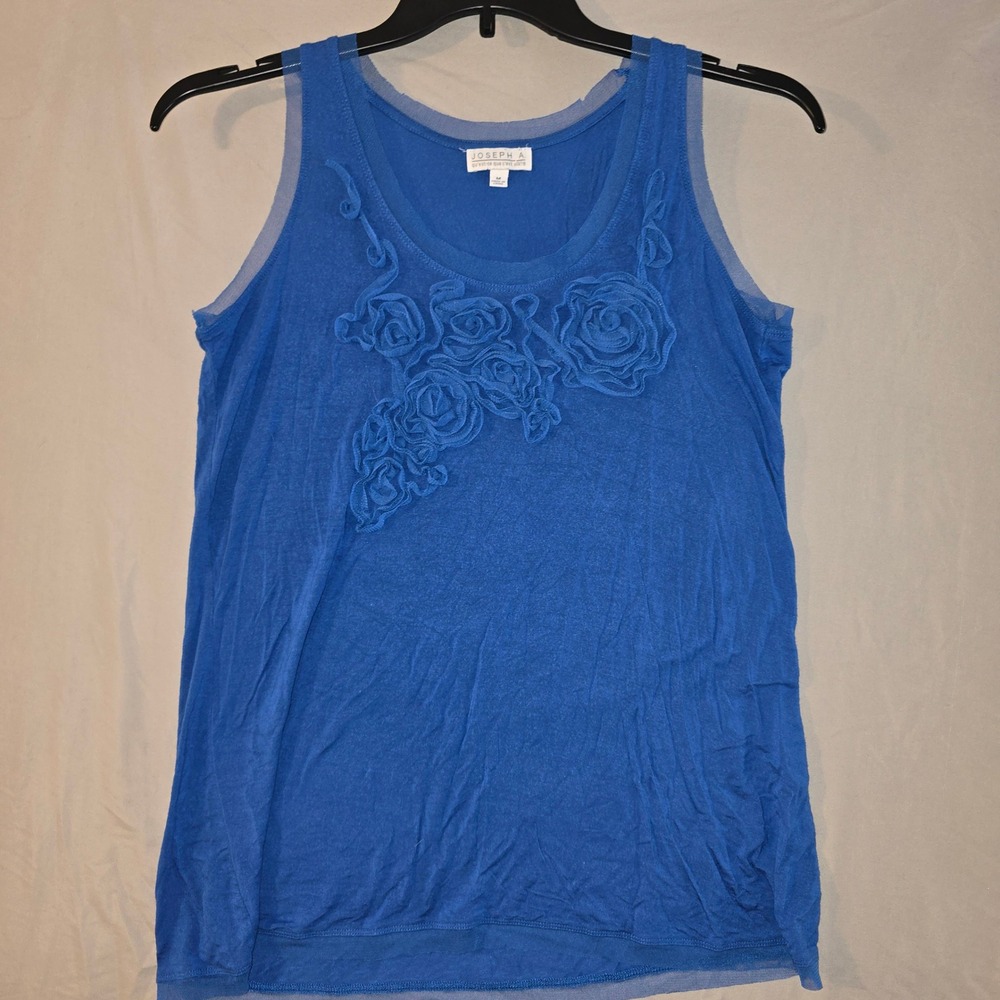 Joseph A. Tank Top Size Medium Women Blue Floral Rosette Mesh Trim Sleeveless